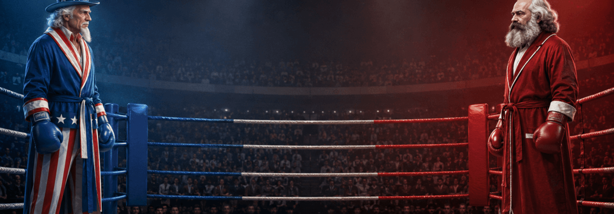 Tío Sam y Karl Marx enfrentan capitalismo y socialismo en un ring