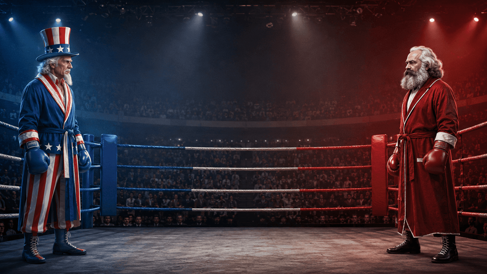 Tío Sam y Karl Marx enfrentan capitalismo y socialismo en un ring