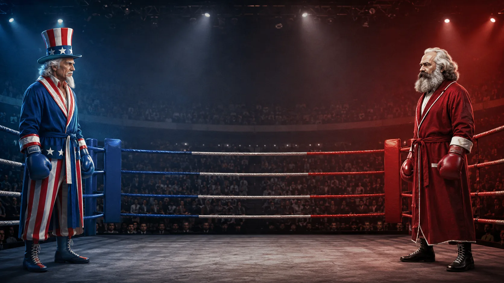 Tío Sam y Karl Marx enfrentan capitalismo y socialismo en un ring