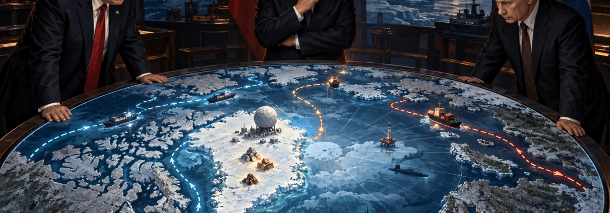 Ilustración editorial de Donald Trump, Xi Jinping y Vladímir Putin observando un mapa estratégico del Ártico