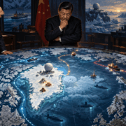 Ilustración editorial de Donald Trump, Xi Jinping y Vladímir Putin observando un mapa estratégico del Ártico