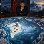 Ilustración editorial de Donald Trump, Xi Jinping y Vladímir Putin observando un mapa estratégico del Ártico