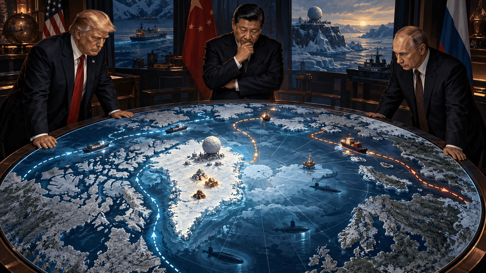 Ilustración editorial de Donald Trump, Xi Jinping y Vladímir Putin observando un mapa estratégico del Ártico