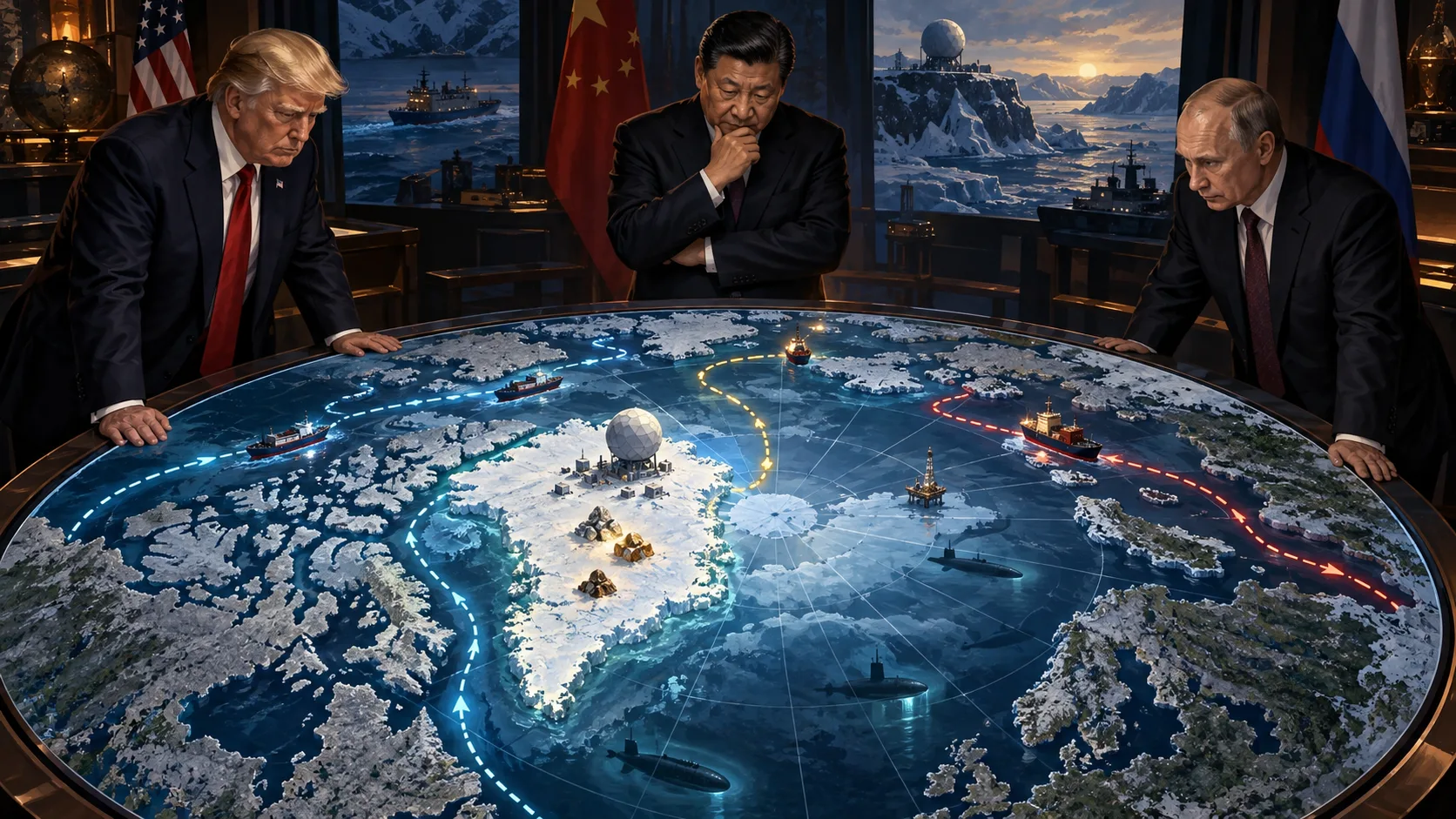 Ilustración editorial de Donald Trump, Xi Jinping y Vladímir Putin observando un mapa estratégico del Ártico