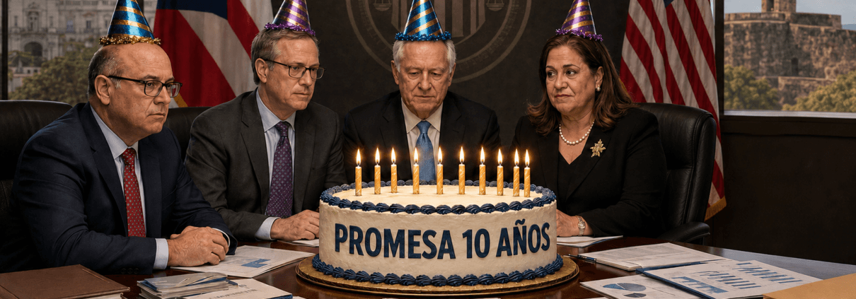 Cuatro miembros de la Junta de Supervisión Fiscal alrededor de un bizcocho que dice PROMESA 10 AÑOS