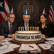 Cuatro miembros de la Junta de Supervisión Fiscal alrededor de un bizcocho que dice PROMESA 10 AÑOS