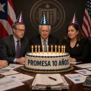 Cuatro miembros de la Junta de Supervisión Fiscal alrededor de un bizcocho que dice PROMESA 10 AÑOS
