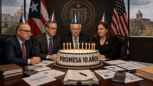 Cuatro miembros de la Junta de Supervisión Fiscal alrededor de un bizcocho que dice PROMESA 10 AÑOS