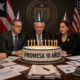 Cuatro miembros de la Junta de Supervisión Fiscal alrededor de un bizcocho que dice PROMESA 10 AÑOS