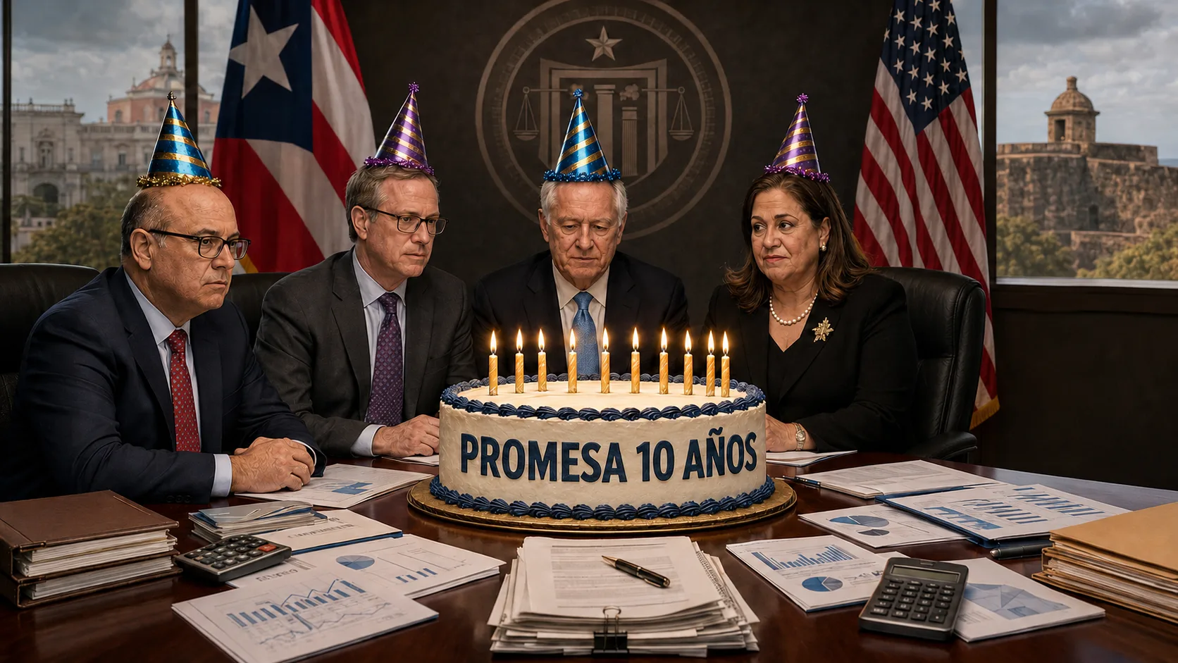 Cuatro miembros de la Junta de Supervisión Fiscal alrededor de un bizcocho que dice PROMESA 10 AÑOS